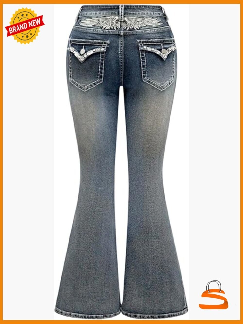Womens Plus Size Rhinestone Embroidered Flare Bootcut Denim Jeans
